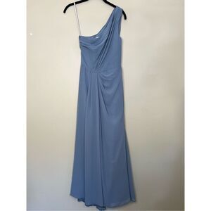 Monique Lhuillier Bridesmaids Soft Drape One Shoulder Gown in Dusty Blue
